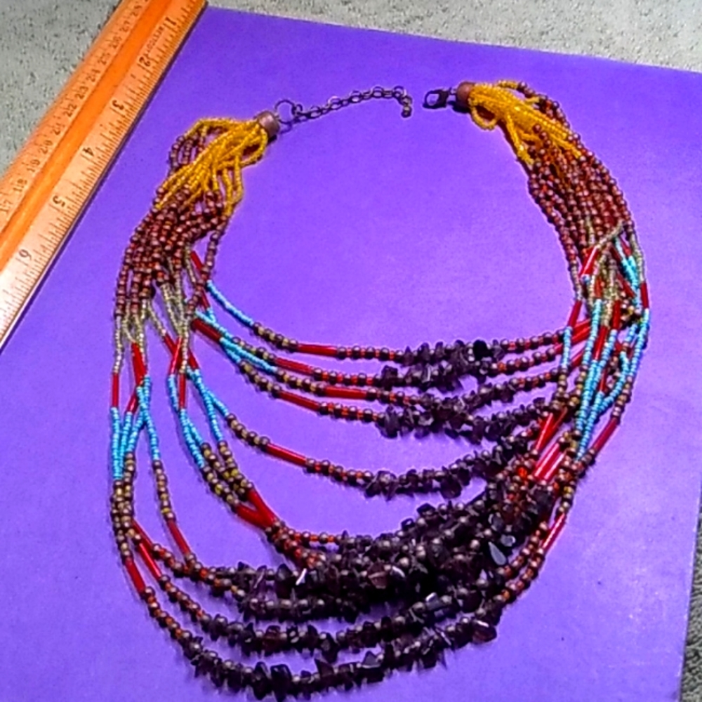 Multi colored bib beads and stone necklace